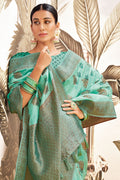 Turquoise Green Silk Digital Print Saree