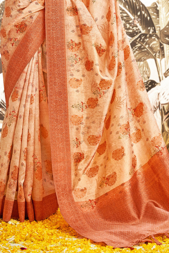 Sepia Beige Silk Digital Print Saree