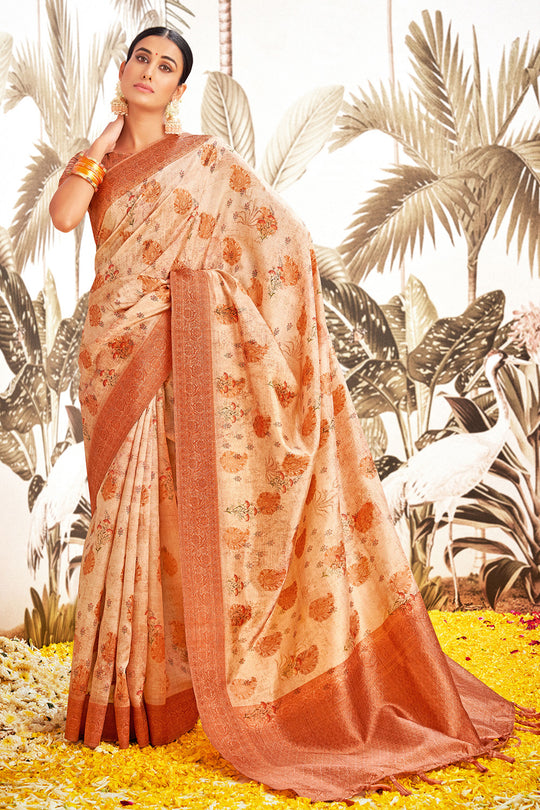 Sepia Beige Silk Digital Print Saree