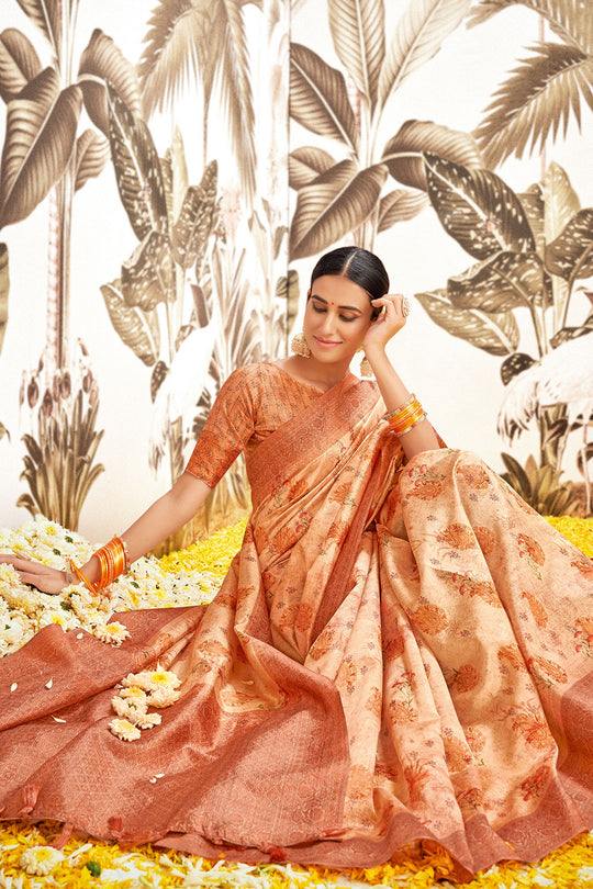 Sepia Beige Silk Digital Print Saree