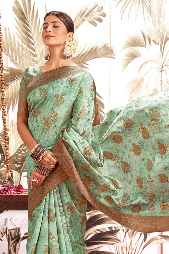 Mint Green Silk Digital Print Saree