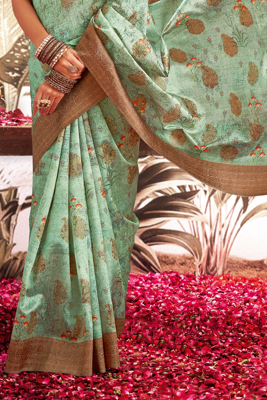 Mint Green Silk Digital Print Saree