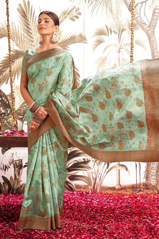 Mint Green Silk Digital Print Saree