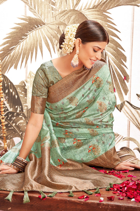 Mint Green Silk Digital Print Saree
