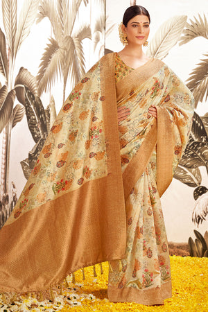 Tan Beige Silk Digital Print Saree