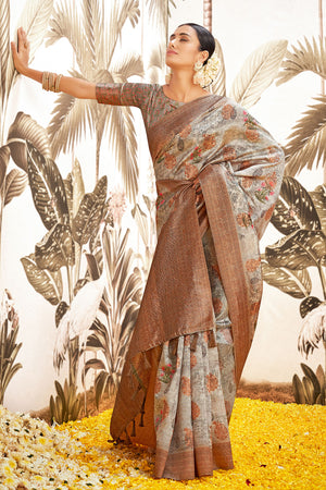 Coin Grey Silk Digital Print Saree