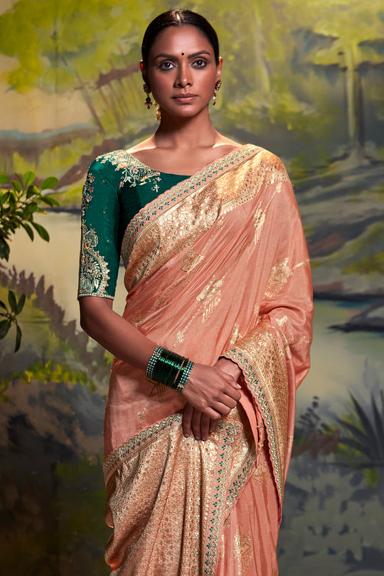 Peach And Teal Dola Silk Saree