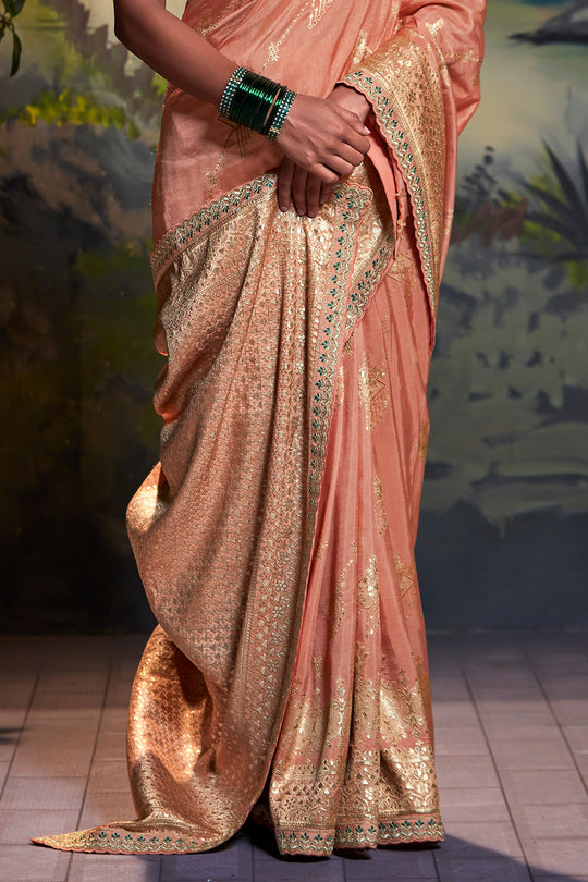 Peach And Teal Dola Silk Saree