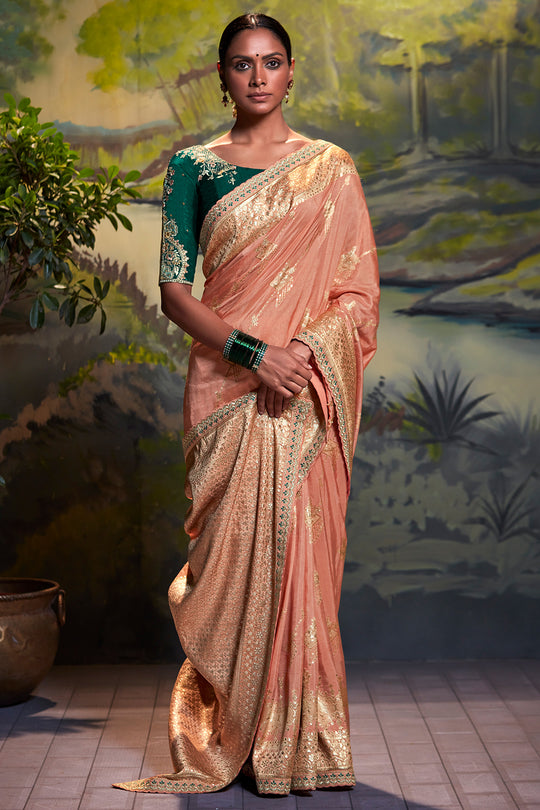 Peach And Teal Dola Silk Saree