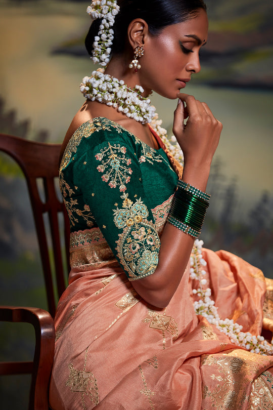 Peach And Teal Dola Silk Saree