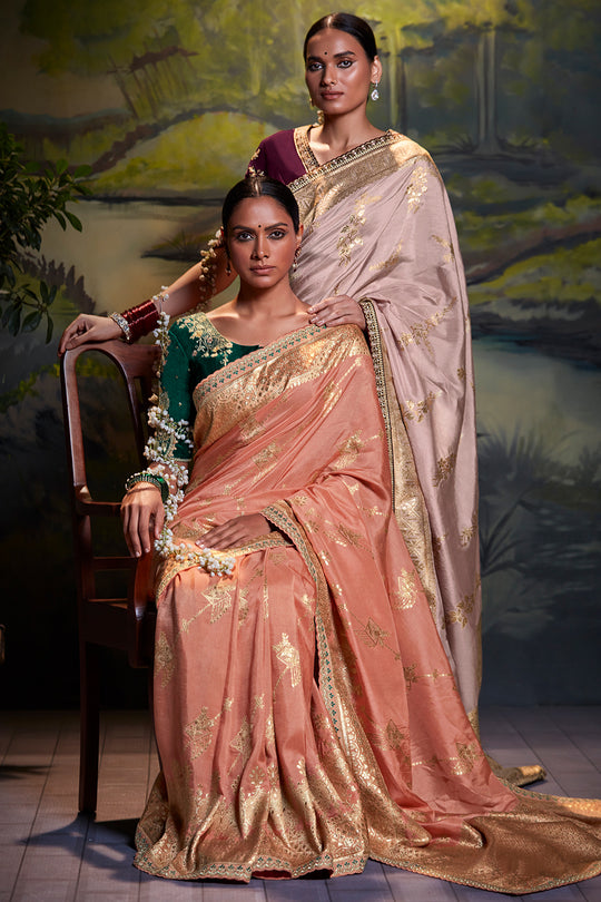 Peach And Teal Dola Silk Saree