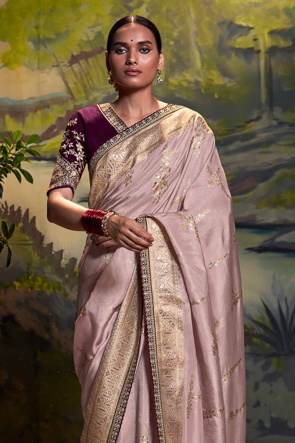 Beige color linen silk saree with digital printed work