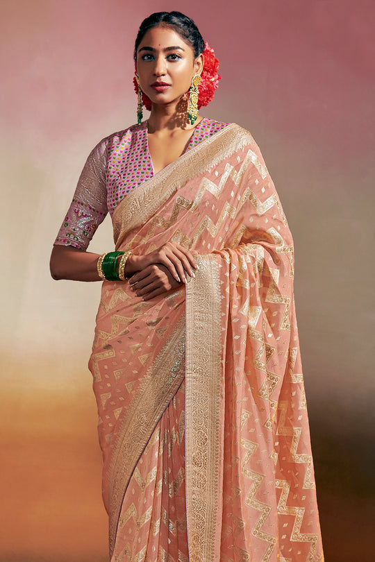Cantaloupe Peach Dola Silk Saree