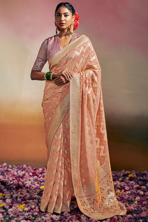 Cantaloupe Peach Dola Silk Saree