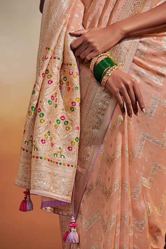 Cantaloupe Peach Dola Silk Saree