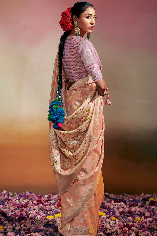 Cantaloupe Peach Dola Silk Saree