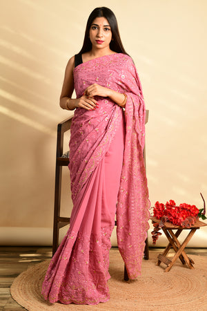 Watermelon Pink Georgette Saree