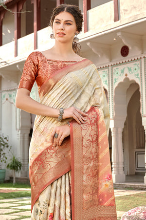 Beige And Orange Digital Print Saree
