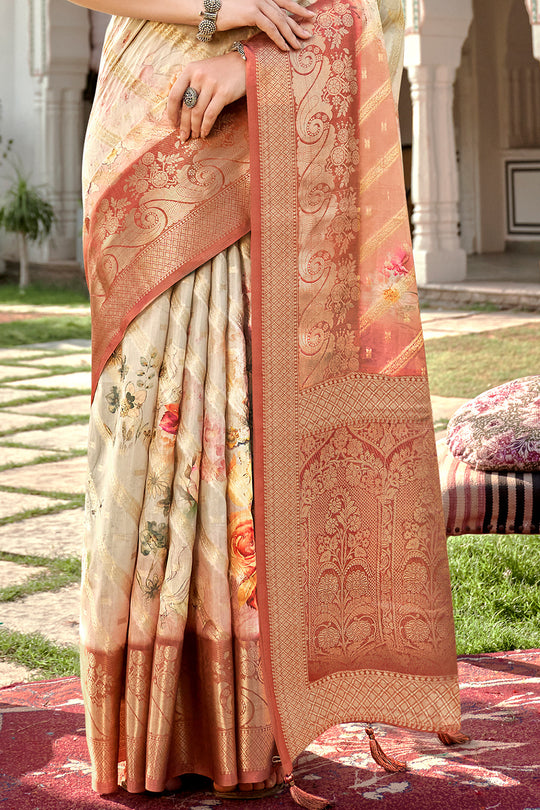 Beige And Orange Digital Print Saree
