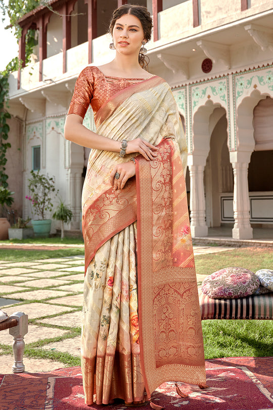 Beige And Orange Digital Print Saree
