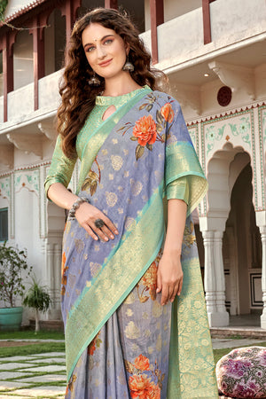 Blue And Green Digital Print Saree