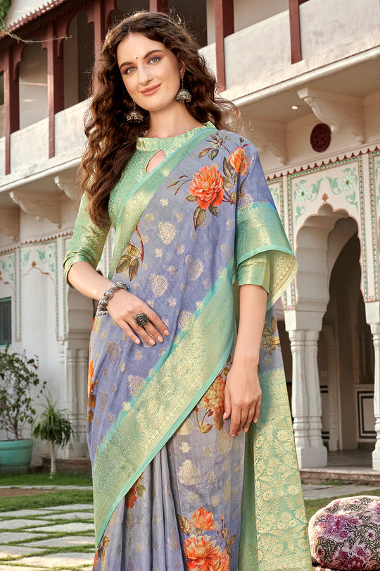 Blue And Green Digital Print Saree