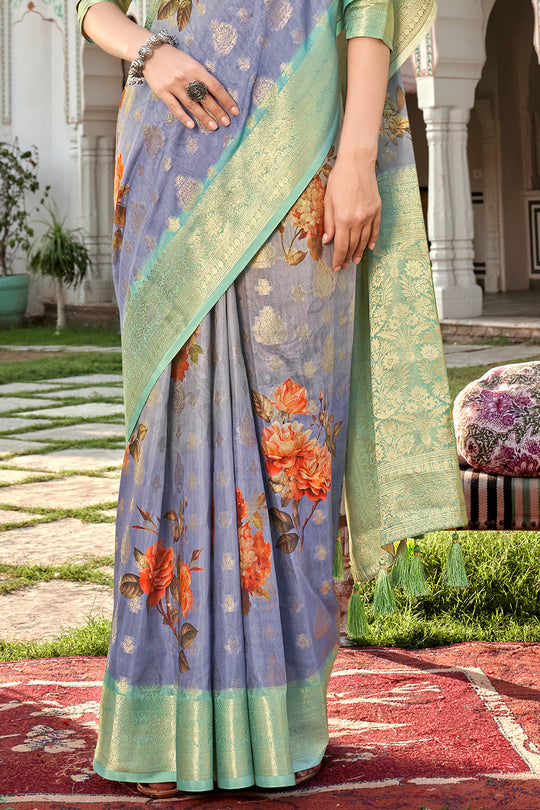 Blue And Green Digital Print Saree