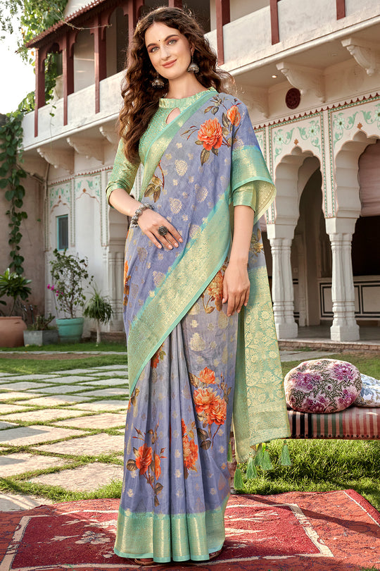 Blue And Green Digital Print Saree
