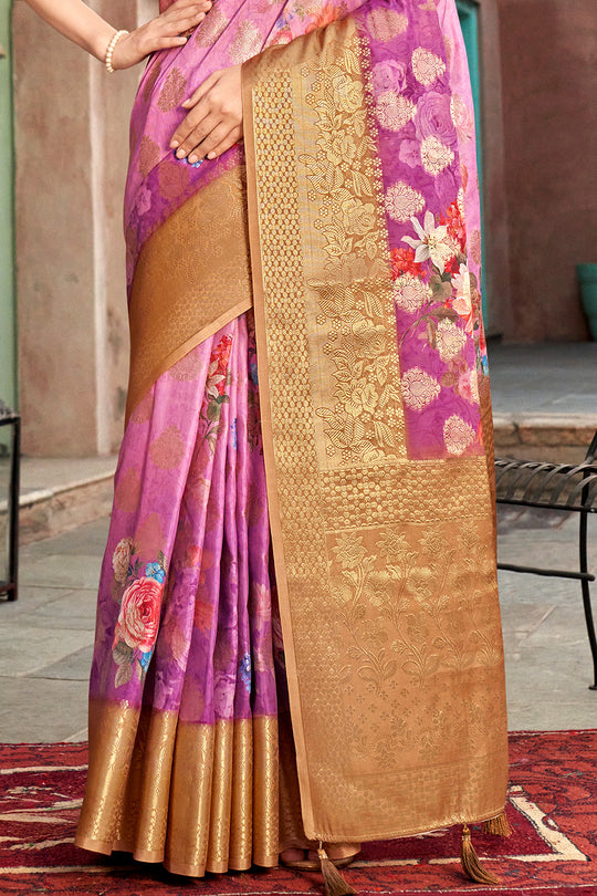 Pink And Orange Digital Print Saree