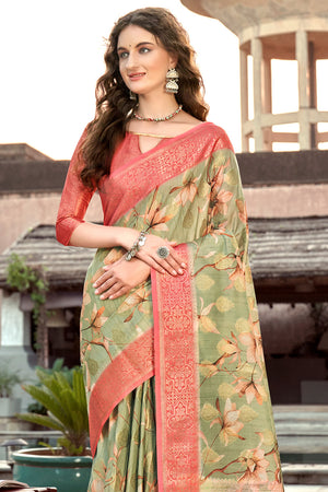 Green And Pink Digital Print Saree