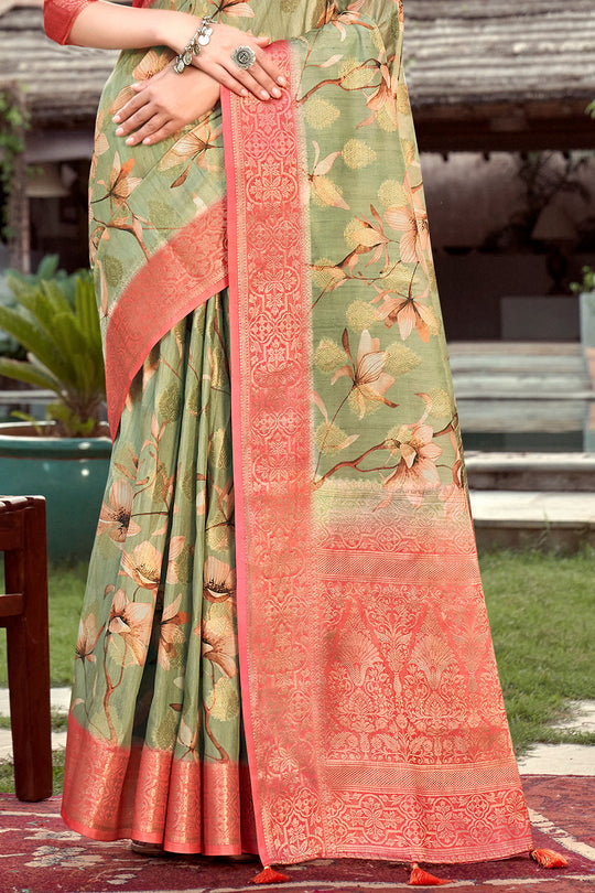 Green And Pink Digital Print Saree