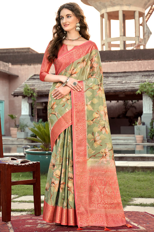 Green And Pink Digital Print Saree
