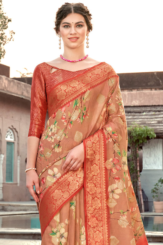 Peach And Orange Digital Print Saree