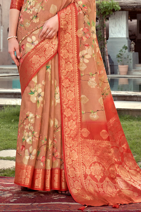 Peach And Orange Digital Print Saree