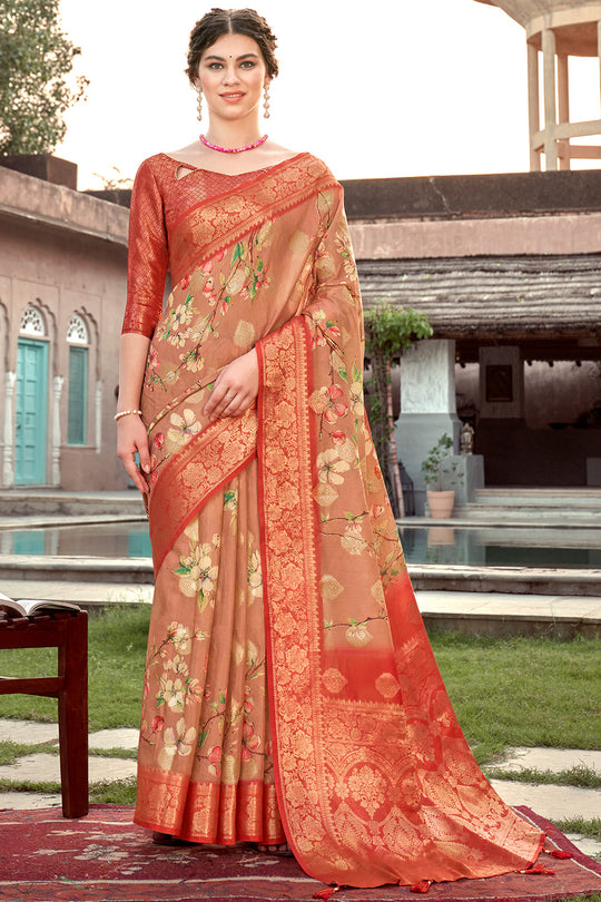 Peach And Orange Digital Print Saree
