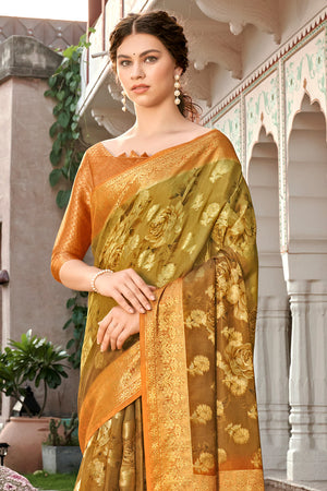 Orange And Green Digital Print Saree