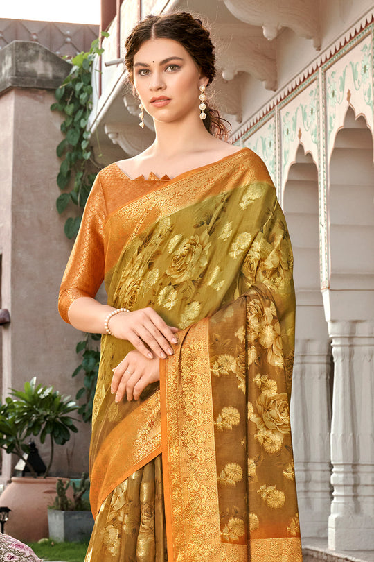 Orange And Green Digital Print Saree