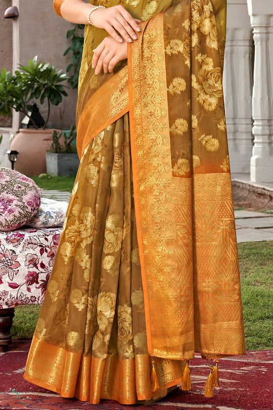 Orange And Green Digital Print Saree