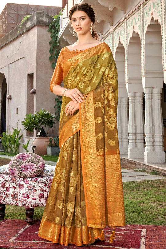 Orange And Green Digital Print Saree