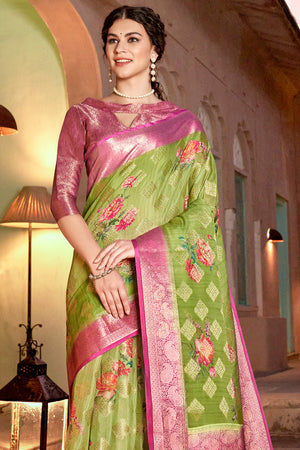 Green And Pink Digital Print Saree