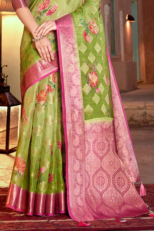 Green And Pink Digital Print Saree