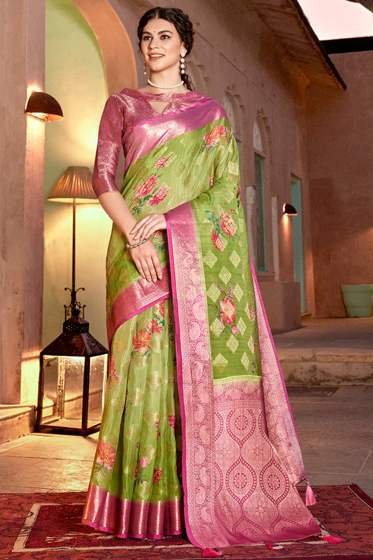 Green And Pink Digital Print Saree