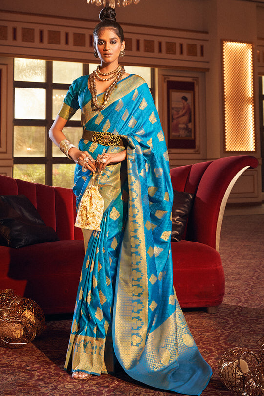 Cyan Blue Silk Saree
