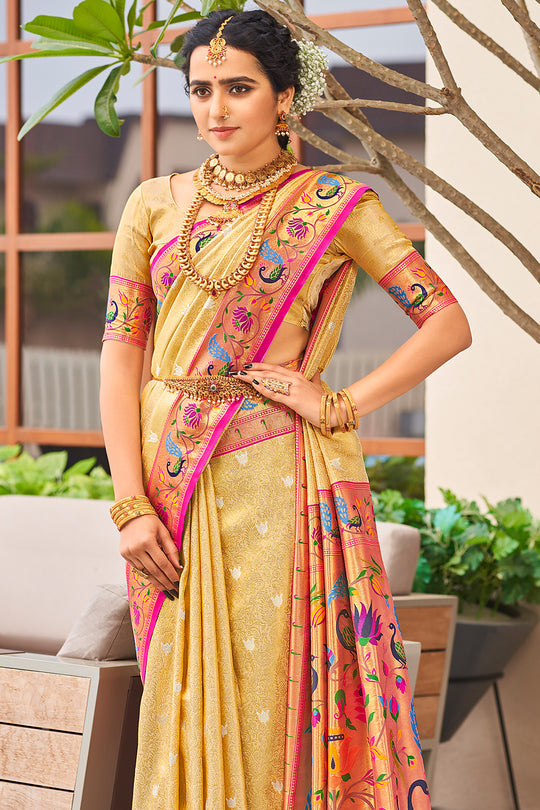 Buttermilk Beige Paithani Silk Saree