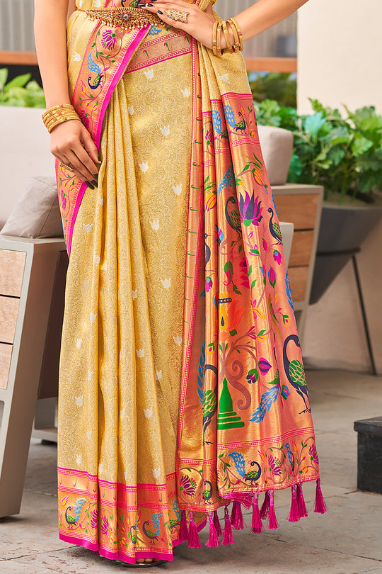Buttermilk Beige Paithani Silk Saree