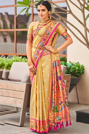 Buttermilk Beige Paithani Silk Saree