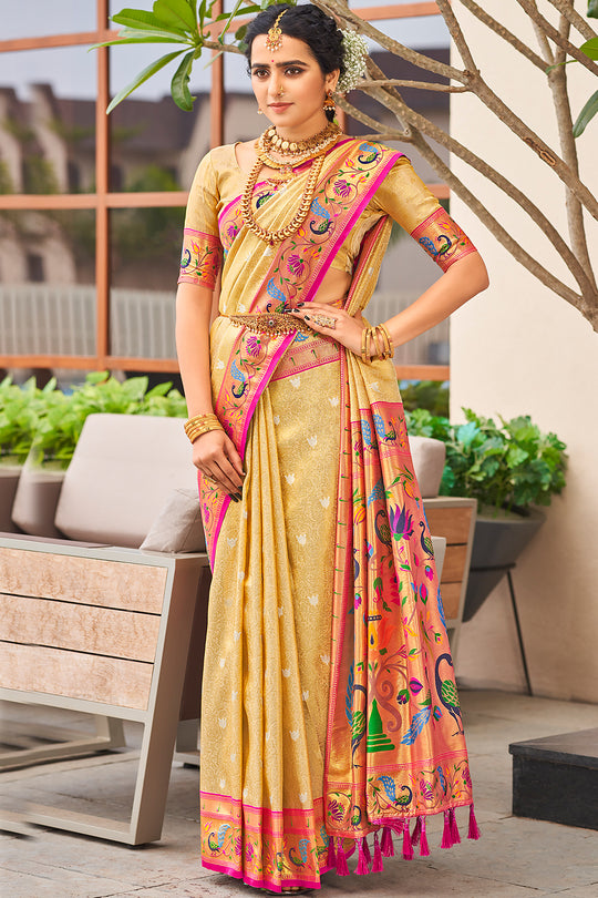 Buttermilk Beige Paithani Silk Saree