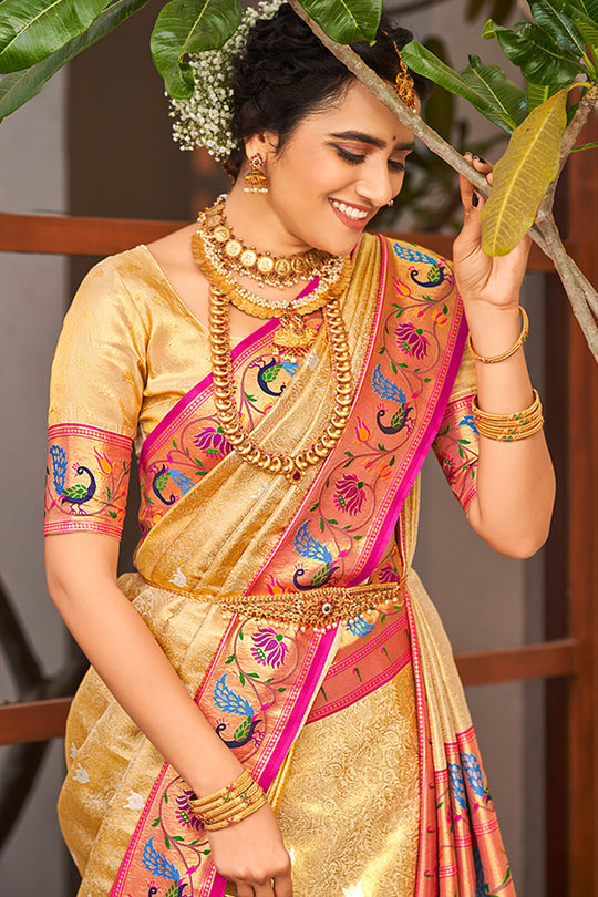 Buttermilk Beige Paithani Silk Saree