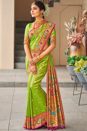 Slime Green Paithani Silk Saree