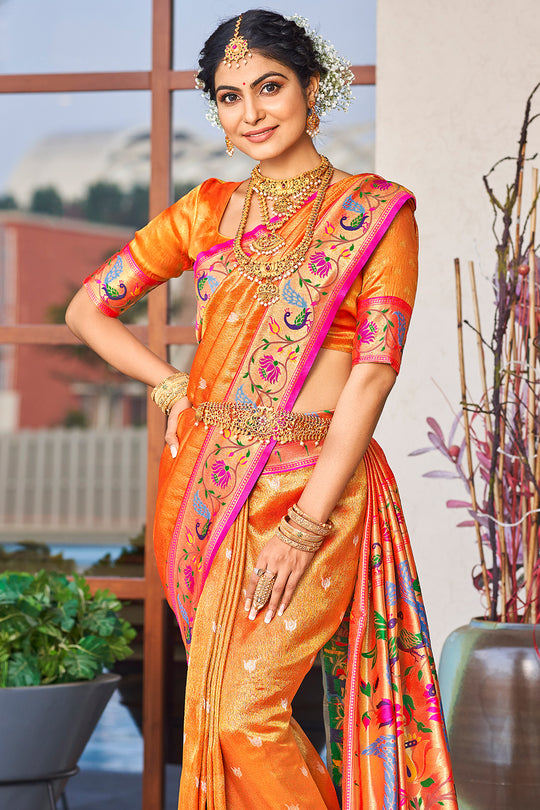 Canery Orange Paithani Silk Saree